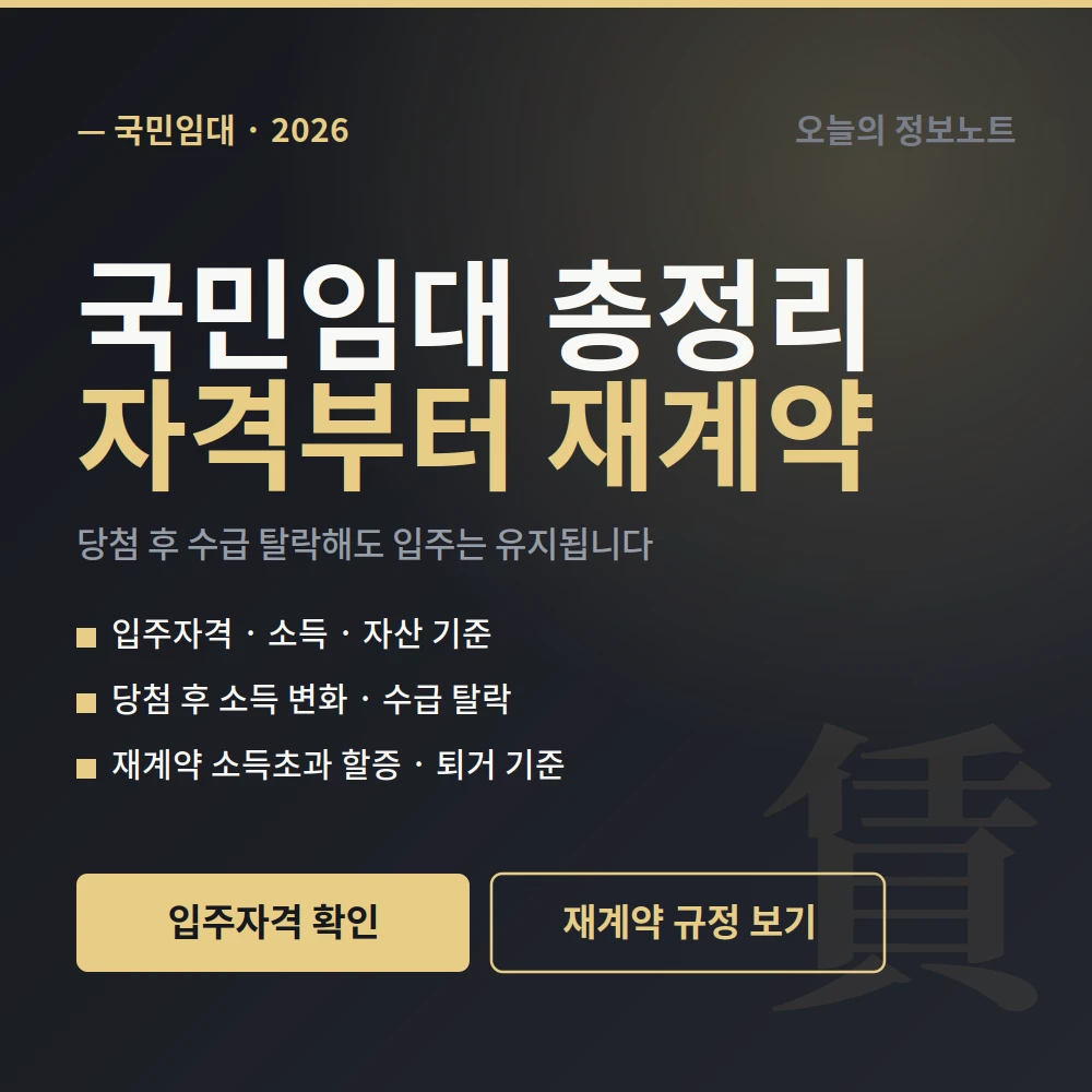 국민임대 아파트 총정리 2026 – 입주자격부터 당첨 후 소득 초과·재계약까지 1 국민임대 입주자격과 재계약 소득 초과 기준 2026 안내 썸네일